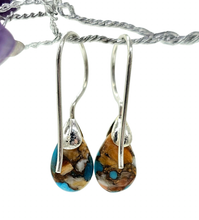 Load image into Gallery viewer, Orange and Blue Oyster Turquoise Earrings, Pear Shaped, Sterling Silver, Copper Turquoise - GemzAustralia 