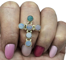 Load image into Gallery viewer, Opal Cross Ring, Size 9, Six Stone Ring, Sterling Silver, Aura Gem, Psychic Gem - GemzAustralia 