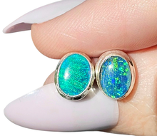 Load image into Gallery viewer, Australian Opal Studs, October Birthstone, Sterling Silver, Blue Green Opal Doublets - GemzAustralia 