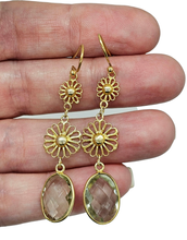 Load image into Gallery viewer, Green Amethyst Earrings, Gold Plated Sterling Silver, Checkerboard Faceted, Long drops - GemzAustralia 