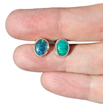 Load image into Gallery viewer, Australian Opal Studs, October Birthstone, Sterling Silver, Blue Green Opal Doublets - GemzAustralia 