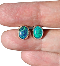 Load image into Gallery viewer, Australian Opal Studs, October Birthstone, Sterling Silver, Blue Green Opal Doublets - GemzAustralia 