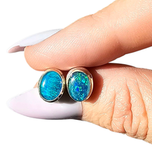 Load image into Gallery viewer, Australian Opal Studs, October Birthstone, Sterling Silver, Blue Green Opal Doublets - GemzAustralia 