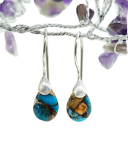 Load image into Gallery viewer, Orange and Blue Oyster Turquoise Earrings, Pear Shaped, Sterling Silver, Copper Turquoise - GemzAustralia 