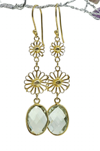 Load image into Gallery viewer, Green Amethyst Earrings, Gold Plated Sterling Silver, Checkerboard Faceted, Long drops - GemzAustralia 