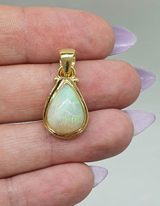 Pear Ethiopian Opal Pendant, Sterling Silver, 18K Gold Plated, October Birthstone - GemzAustralia 