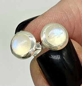 Rainbow Moonstone Stud Earrings, Sterling Silver, Round Shaped, June Birthstone - GemzAustralia 