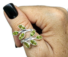 Load image into Gallery viewer, Peridot Ring, Size S, Sterling Silver, Seven Stones, August Birthstone, Leaf Faceted gems - GemzAustralia 