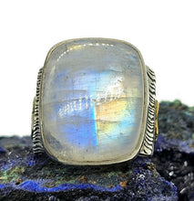 Load image into Gallery viewer, Rainbow Moonstone Ring, Size S, Sterling Silver, Gold Brass Flower, Rectangle Shaped - GemzAustralia 