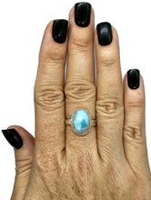 Load image into Gallery viewer, Oval Larimar Ring, Size S, Sterling Silver, Fancy Bezel Set, Stone of Atlantis - GemzAustralia 