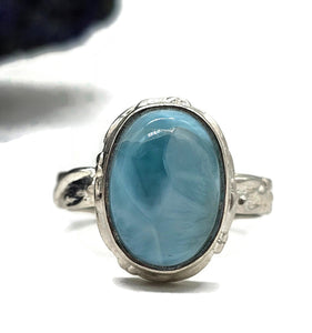 Oval Larimar Ring, Size S, Sterling Silver, Fancy Bezel Set, Stone of Atlantis - GemzAustralia 