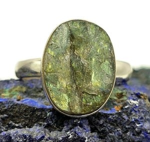 Rough Labradorite Ring, Size R 1/2, Sterling Silver, Oval Shaped, Green Gold Labradorite - GemzAustralia 