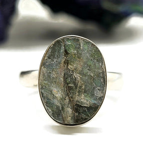 Rough Labradorite Ring, Size R 1/2, Sterling Silver, Oval Shaped, Green Gold Labradorite - GemzAustralia 