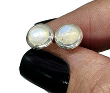 Load image into Gallery viewer, Rainbow Moonstone Stud Earrings, Sterling Silver, Round Shaped, June Birthstone - GemzAustralia 