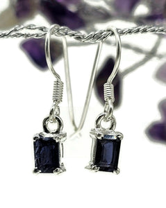 Iolite Earrings, Emerald Faceted, Sterling Silver, Water Sapphire, Blue Violet Gemstone - GemzAustralia 