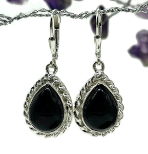 Black Onyx Earrings, Pear Shaped, Sterling Silver, Leo Capricorn Zodiac Gemstone - GemzAustralia 