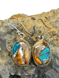 Oyster Turquoise Earrings, Oval Shaped, Sterling Silver, Orange Spiny Oyster Shell - GemzAustralia 