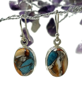 Oyster Turquoise Earrings, Oval Shaped, Sterling Silver, Orange Spiny Oyster Shell - GemzAustralia 