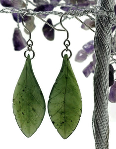 Jade Leaf Earrings, Sterling Silver, Canadian Green Jade, British Columbia Nephrite Jade - GemzAustralia 