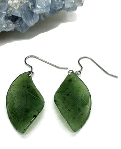 Jade Leaf Earrings, Sterling Silver, Canadian Green Jade, British Columbia Nephrite Jade - GemzAustralia 