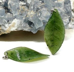 Jade Leaf Earrings, Sterling Silver, Canadian Green Jade, British Columbia Nephrite Jade - GemzAustralia 