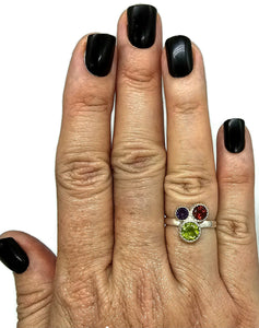 Multi Gemstone Ring, Size O, Sterling Silver, Peridot, Amethyst & Garnet Ring - GemzAustralia 