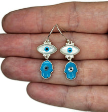 Load image into Gallery viewer, Hamsa Hand &amp; Naza Eye Earrings, Sterling Silver, Blue White Enamel - GemzAustralia 