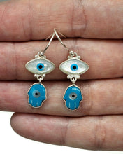 Load image into Gallery viewer, Hamsa Hand &amp; Naza Eye Earrings, Sterling Silver, Blue White Enamel - GemzAustralia 