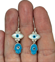 Load image into Gallery viewer, Hamsa Hand &amp; Naza Eye Earrings, Sterling Silver, Blue White Enamel - GemzAustralia 