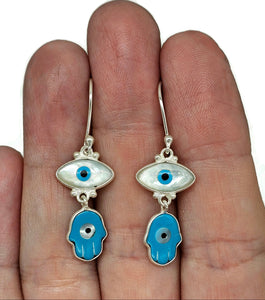 Hamsa Hand & Naza Eye Earrings, Sterling Silver, Blue White Enamel - GemzAustralia 