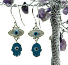 Load image into Gallery viewer, Hamsa Hand &amp; Naza Eye Earrings, Sterling Silver, Blue White Enamel - GemzAustralia 