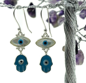 Hamsa Hand & Naza Eye Earrings, Sterling Silver, Blue White Enamel - GemzAustralia 