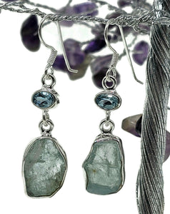 Blue Topaz & Raw Aquamarine Earrings, Sterling Silver, Protection Stone, Love Stone - GemzAustralia 