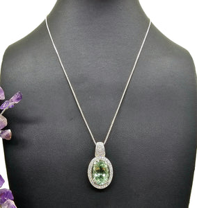 Green Amethyst Halo Pendant, 12 carats, Oval Faceted, Sterling Silver, Prasiolite Gemstone - GemzAustralia 