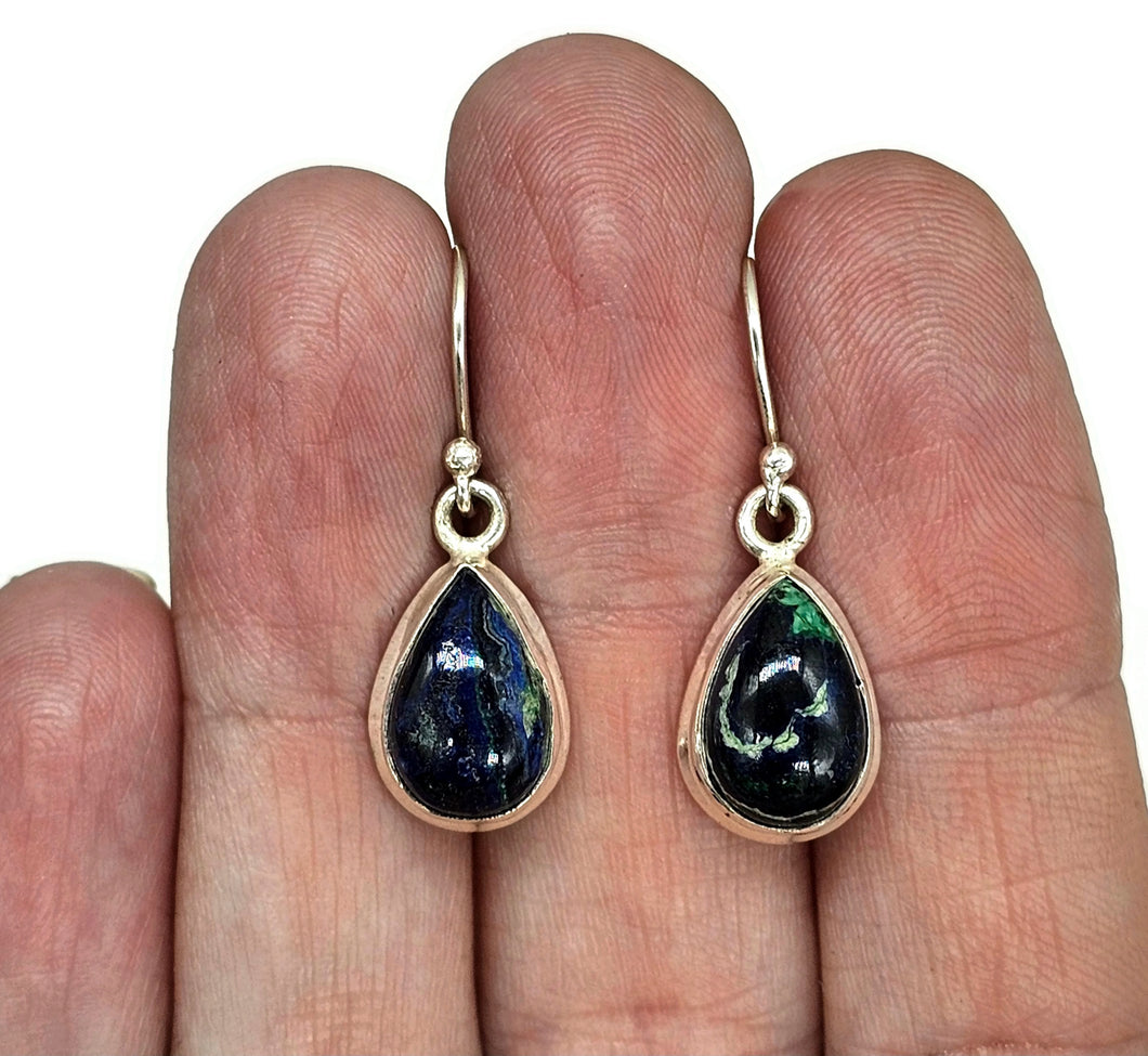 Azurite Malachite Earrings, Sterling Silver, Pear Shaped, Green Blue Gem, Stone of Heaven - GemzAustralia 