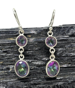 Mystic Topaz Double Drop Earrings, Round/Oval Shaped, Sterling Silver, Purple/Green Gem - GemzAustralia 