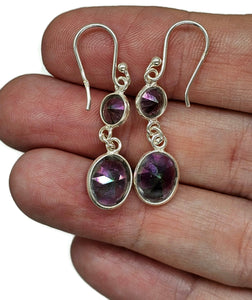 Mystic Topaz Double Drop Earrings, Round/Oval Shaped, Sterling Silver, Purple/Green Gem - GemzAustralia 