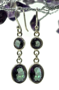 Mystic Topaz Double Drop Earrings, Round/Oval Shaped, Sterling Silver, Purple/Green Gem - GemzAustralia 