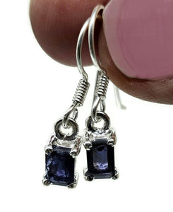 Iolite Earrings, Emerald Faceted, Sterling Silver, Water Sapphire, Blue Violet Gemstone - GemzAustralia 