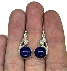 Lapis Earrings, Sterling Silver, Round Shaped, Leaf Design, Protection Stone, Truth Stone