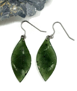 Jade Leaf Earrings, Sterling Silver, Canadian Green Jade, British Columbia Nephrite Jade - GemzAustralia 