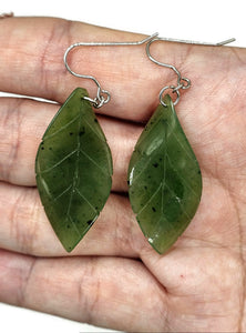 Jade Leaf Earrings, Sterling Silver, Canadian Green Jade, British Columbia Nephrite Jade - GemzAustralia 