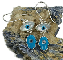 Load image into Gallery viewer, Hamsa Hand &amp; Naza Eye Earrings, Sterling Silver, Blue White Enamel - GemzAustralia 