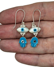 Load image into Gallery viewer, Hamsa Hand &amp; Naza Eye Earrings, Sterling Silver, Blue White Enamel - GemzAustralia 