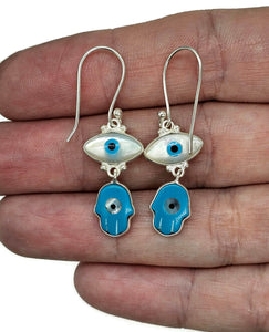 Hamsa Hand & Naza Eye Earrings, Sterling Silver, Blue White Enamel - GemzAustralia 