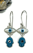 Load image into Gallery viewer, Hamsa Hand &amp; Naza Eye Earrings, Sterling Silver, Blue White Enamel - GemzAustralia 