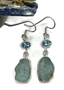 Blue Topaz & Raw Aquamarine Earrings, Sterling Silver, Protection Stone, Love Stone - GemzAustralia 