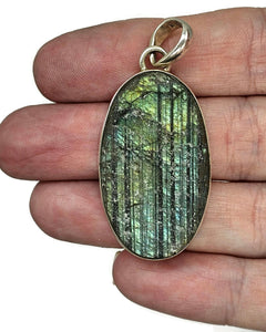 Raw Labradorite Pendant, Sterling Silver, Oval Shape, Blue, Green & Gold Gemstone