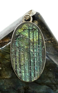 Raw Labradorite Pendant, Sterling Silver, Oval Shape, Blue, Green & Gold Gemstone