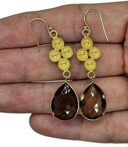 Smoky Quartz Earrings, Sterling Silver, 14K gold Plated, Caramel Brown, Double Drop